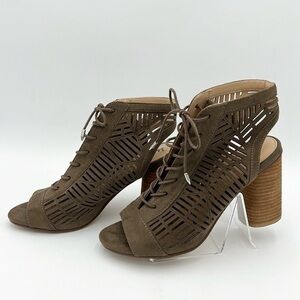 SAM EDELMAN ROCCO WOMEN’S HEEL OPEN TOE LACE UP TAUPE SUEDE ANKLE BOOTIE SZ 8